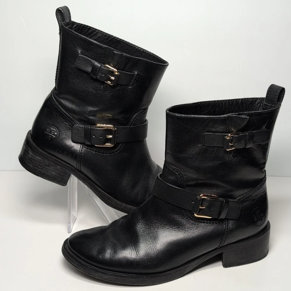 Tory Burch Bennie Black Combat Moto Boots with Buckle Straps womans size 7.5